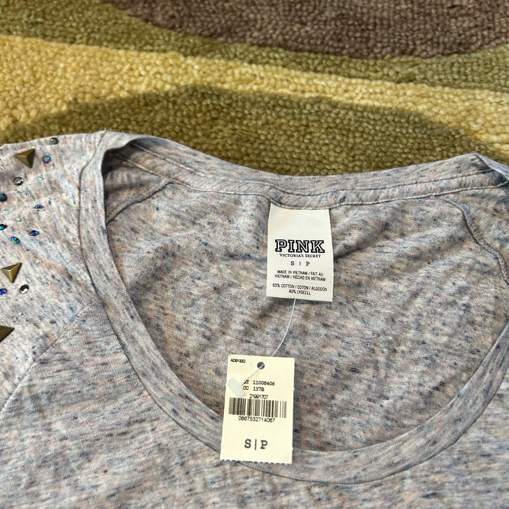 NWT Victoria’s Secret PINK Retro Grey Graphic T Shirt Rhinestones Beaded Small - Picture 6 of 6